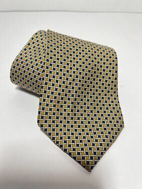 Lauren Ralph Lauren EUC Navy Gold Geometric Pattern 100% Silk Tie 58" x 3.75"